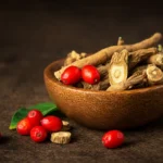 Ashwagandha plante med røde bær og tørket rot