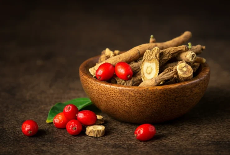Ashwagandha plante med røde bær og tørket rot