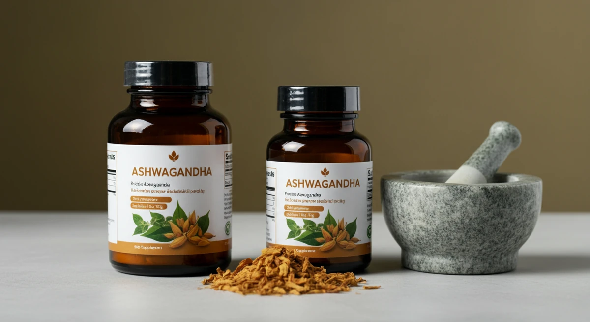 To ashwagandha tilskudd flasker ved siden av hverandre til sammenligning