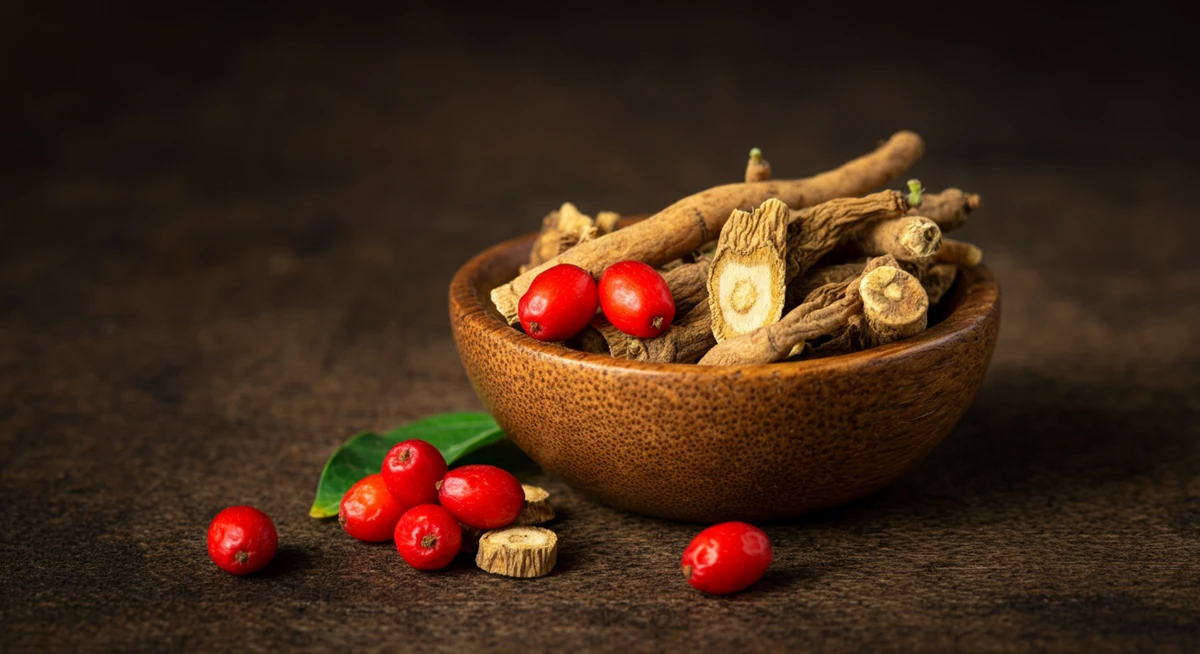 Ashwagandha plante med røde bær og tørket rot