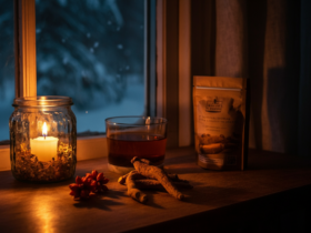 Ashwagandha te og stearinlys i koselig norsk hjem under mørketiden