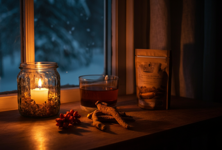 Ashwagandha te og stearinlys i koselig norsk hjem under mørketiden