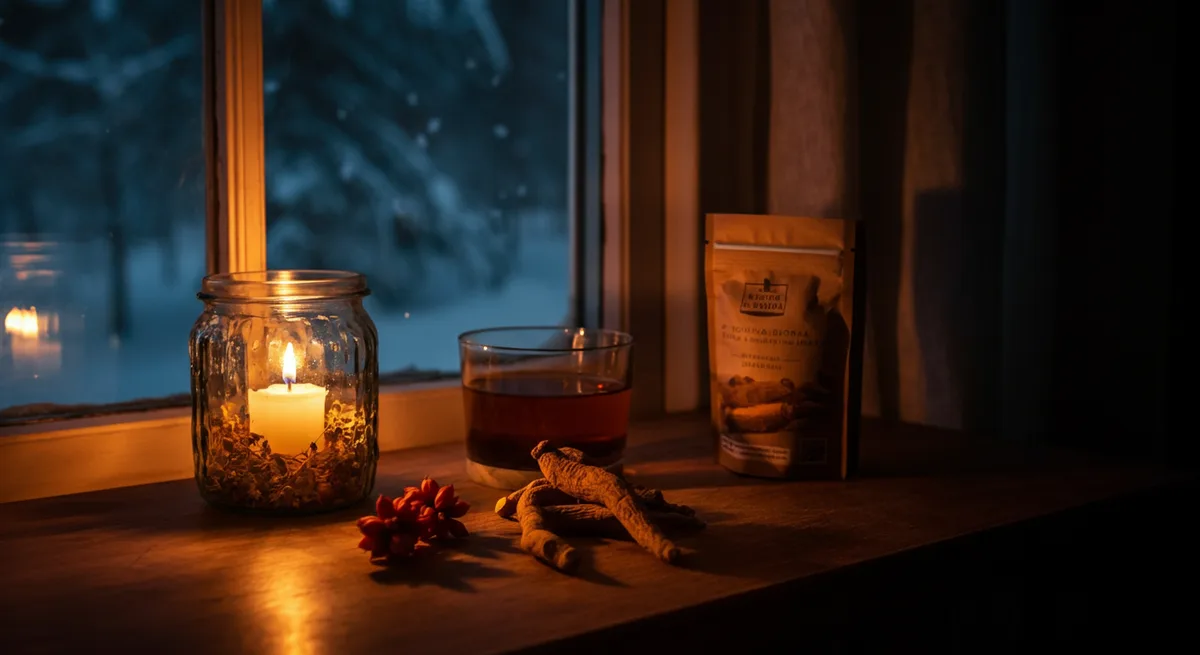 Ashwagandha te og stearinlys i koselig norsk hjem under mørketiden