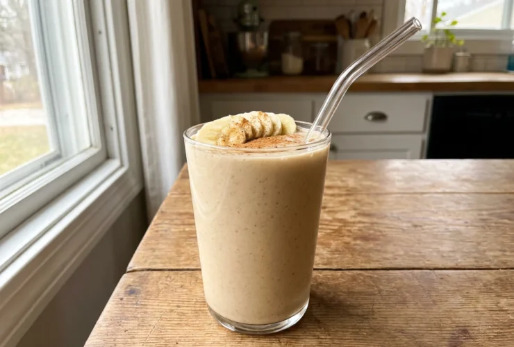 Ashwagandha smoothie i glass med banan og kanel