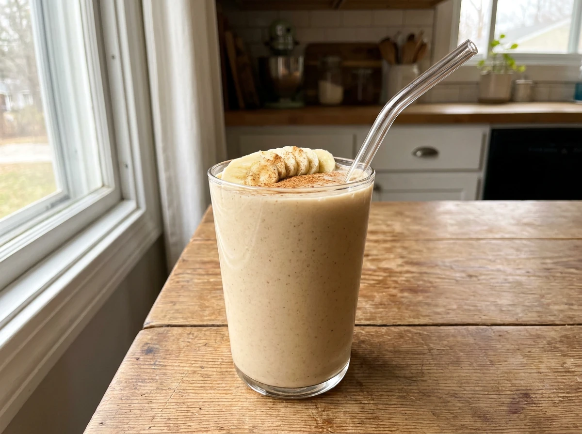 Ashwagandha smoothie i glass med banan og kanel