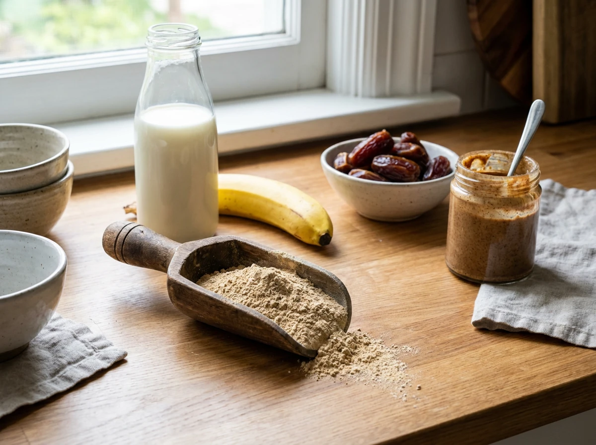 Råvarer til ashwagandha smoothie: pulver, melk og banan