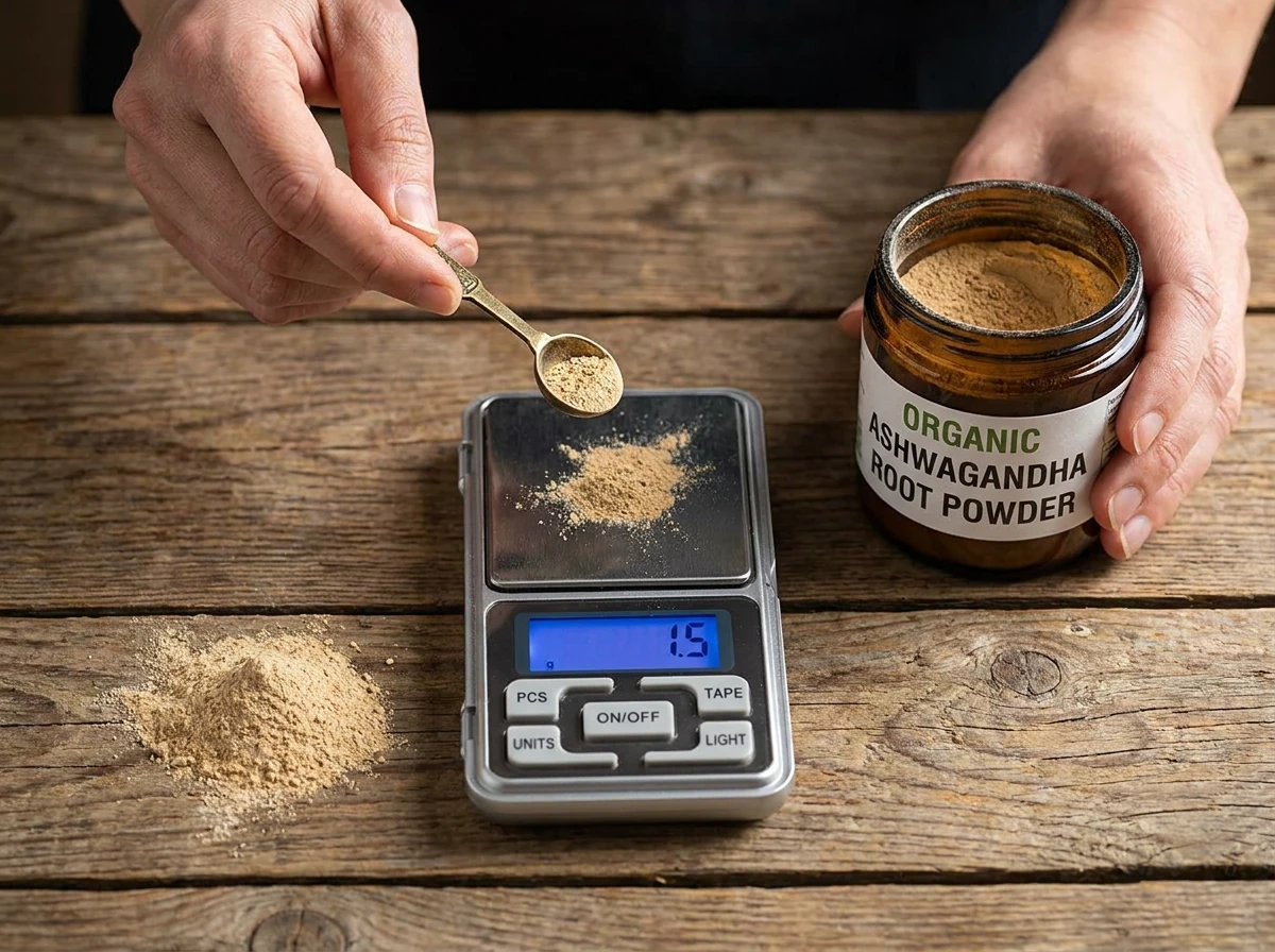 Ashwagandha pulver veies opp på en presis skje