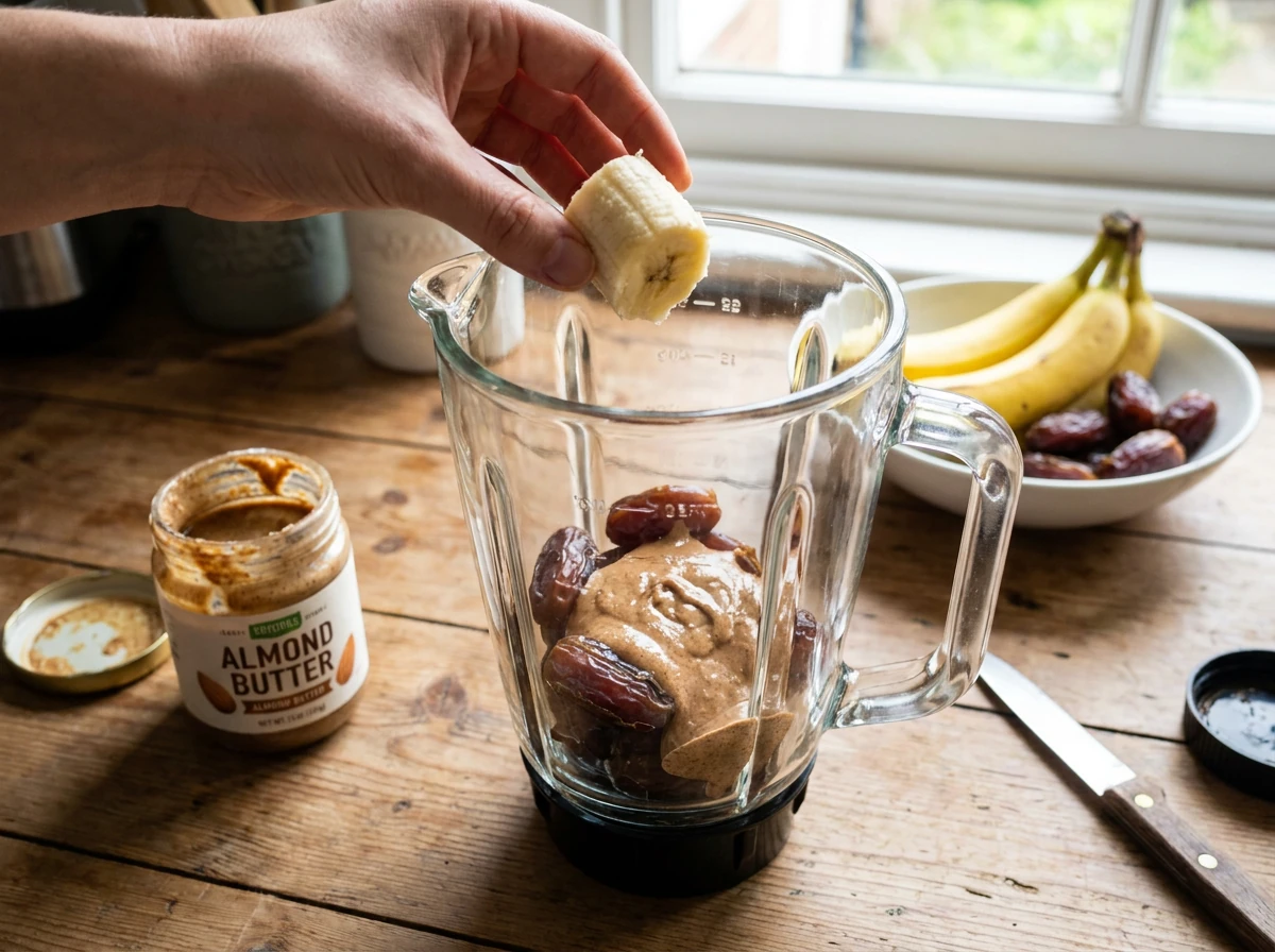 Banan, dadler og mandelsmør has i blender