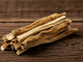 Astragalus membranaceus tørkede røtter på treoverflate