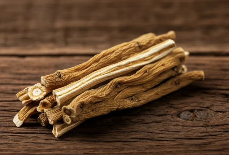 Astragalus membranaceus tørkede røtter på treoverflate