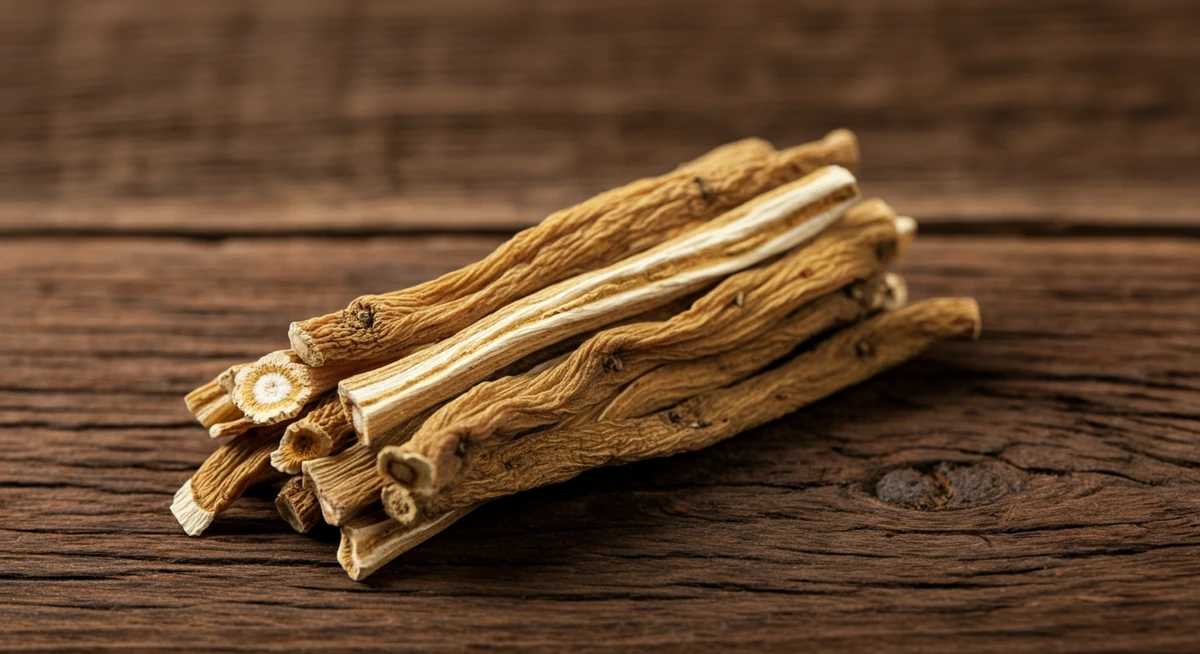 Astragalus membranaceus tørkede røtter på treoverflate