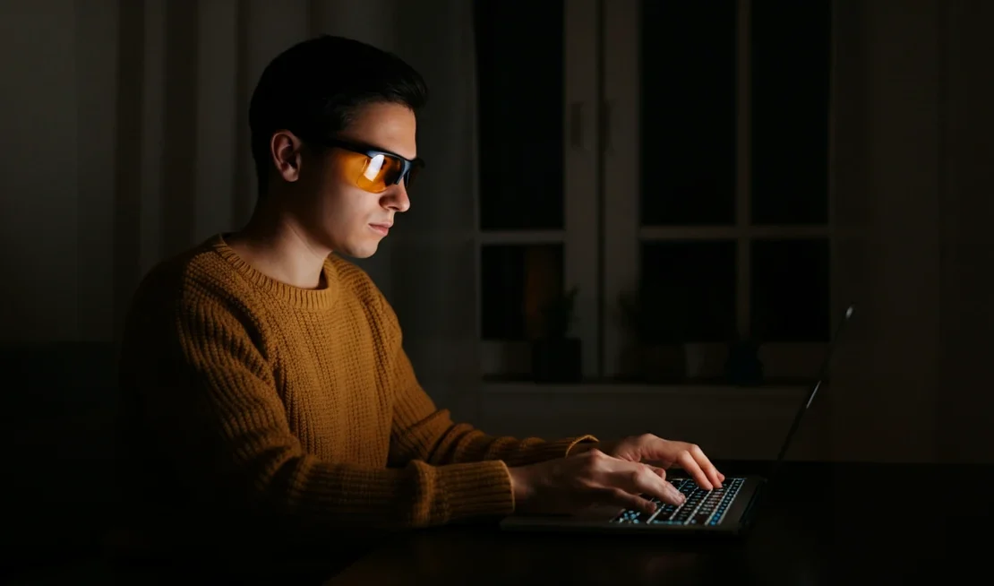 Person med gule blålysbriller bruker laptop om natten i mørkt rom