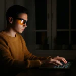 Person med gule blålysbriller bruker laptop om natten i mørkt rom