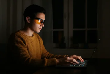 Person med gule blålysbriller bruker laptop om natten i mørkt rom