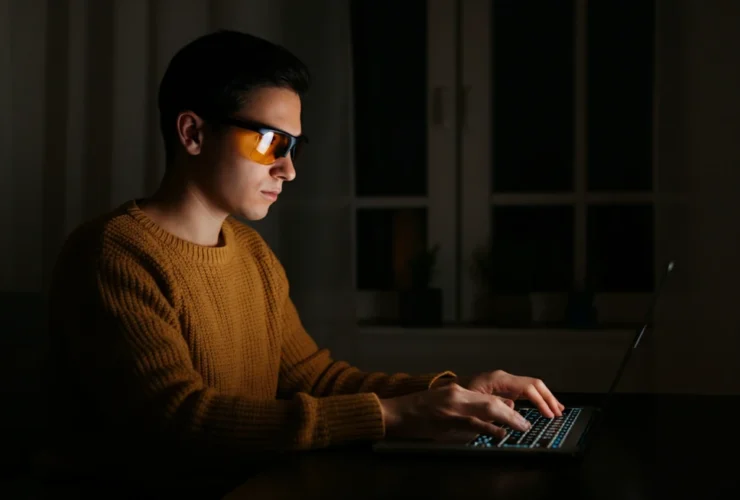 Person med gule blålysbriller bruker laptop om natten i mørkt rom