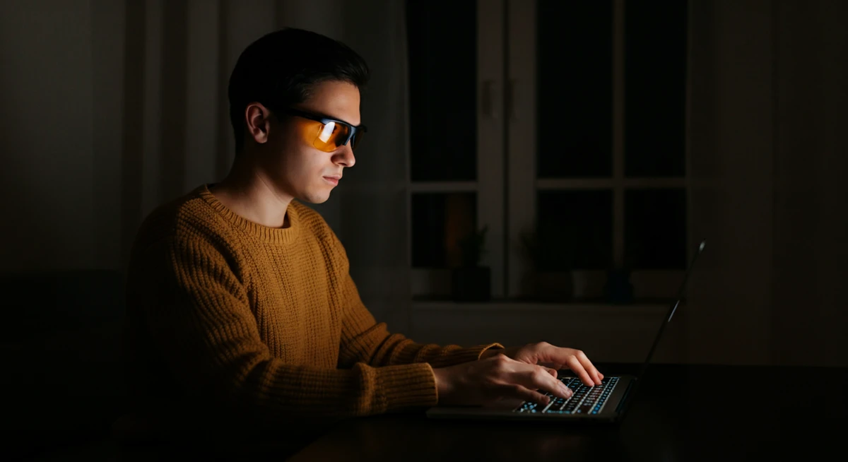 Person med gule blålysbriller bruker laptop om natten i mørkt rom