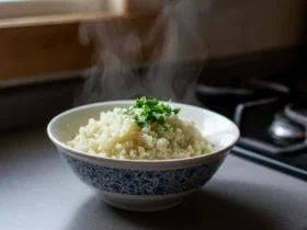 Blomkålris dampet i bolle med urter