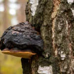 Chaga sopp vokser på hvit bjørk i norsk skog