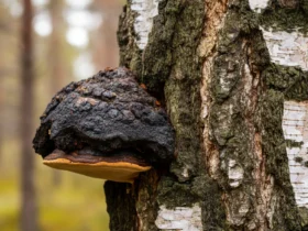 Chaga sopp vokser på hvit bjørk i norsk skog