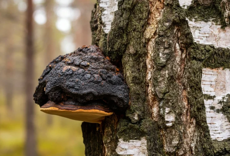 Chaga sopp vokser på hvit bjørk i norsk skog