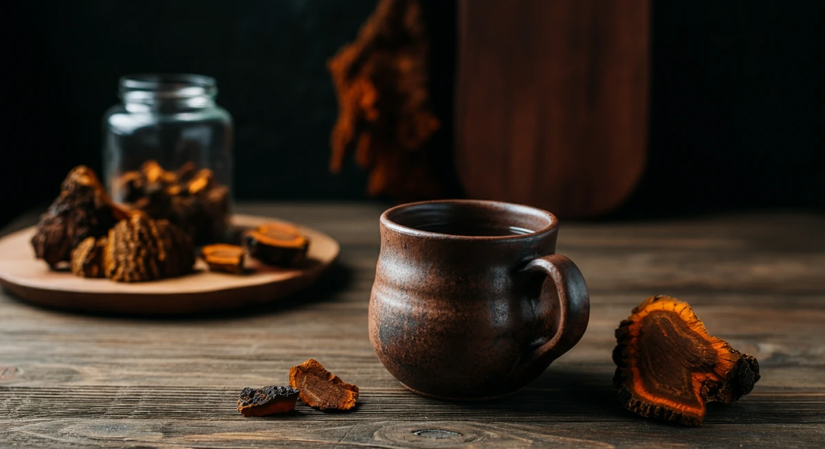 Chaga-te i keramikkkopp med tørket chaga på trebord