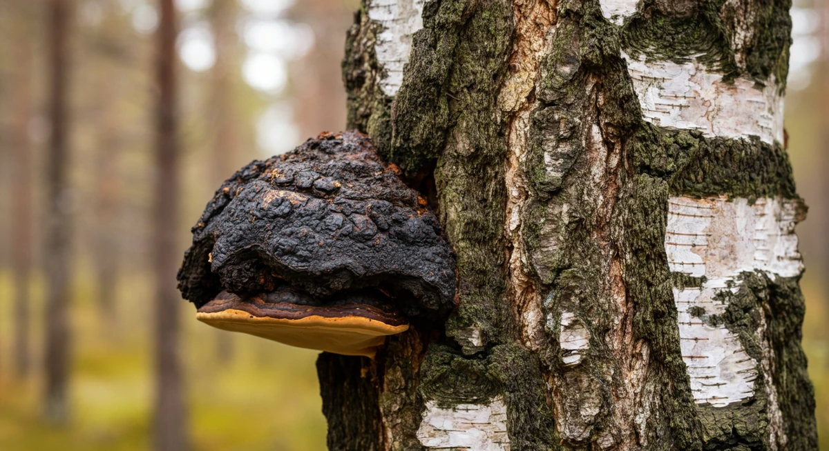 Chaga sopp vokser på hvit bjørk i norsk skog