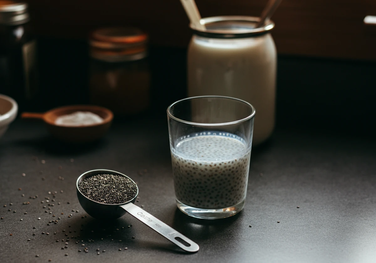 Chiafrø i måleskje ved siden av et glass melk