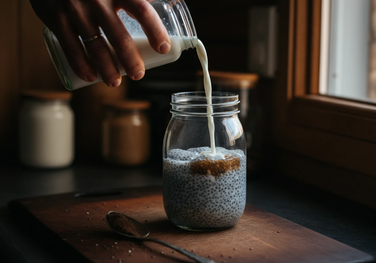 Melk helles over chiafrø i et glass