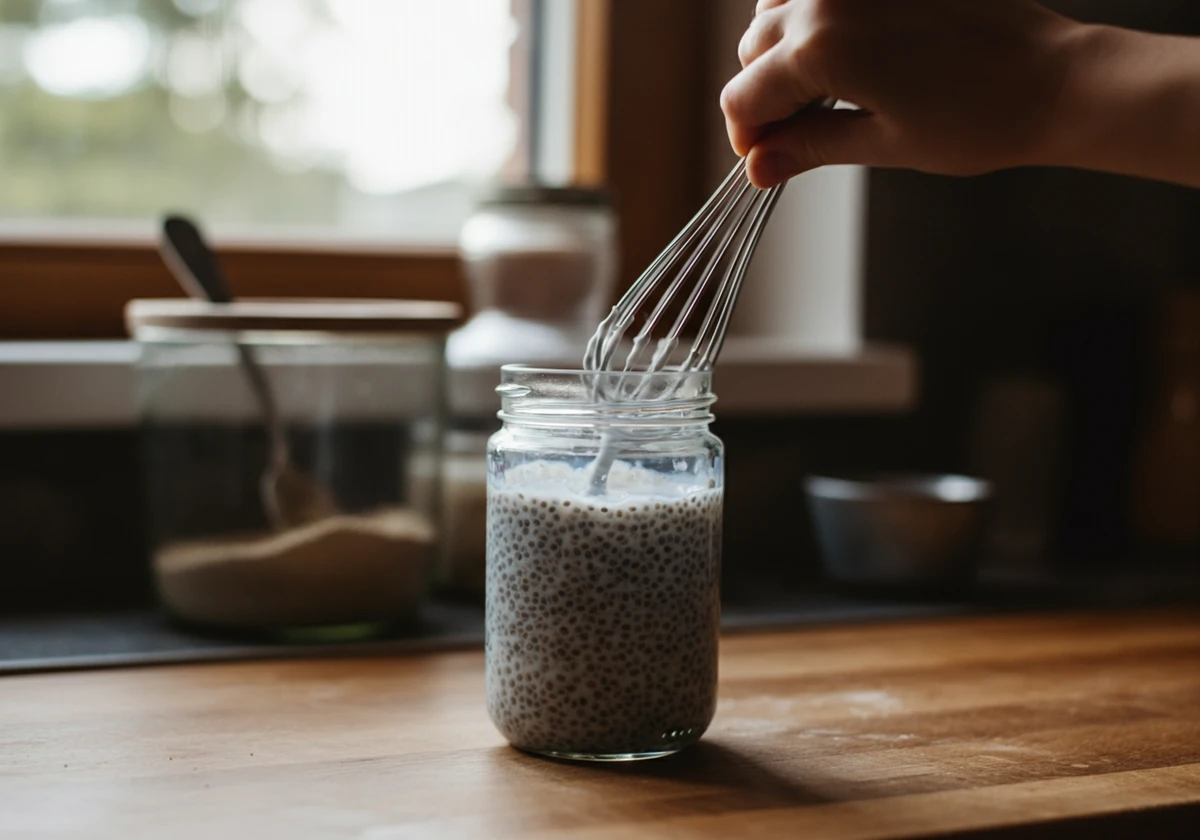 Chiafrø og melk vispes kraftig sammen