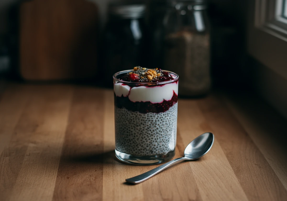 Chiapudding lagdeles med bærkompott og yoghurt