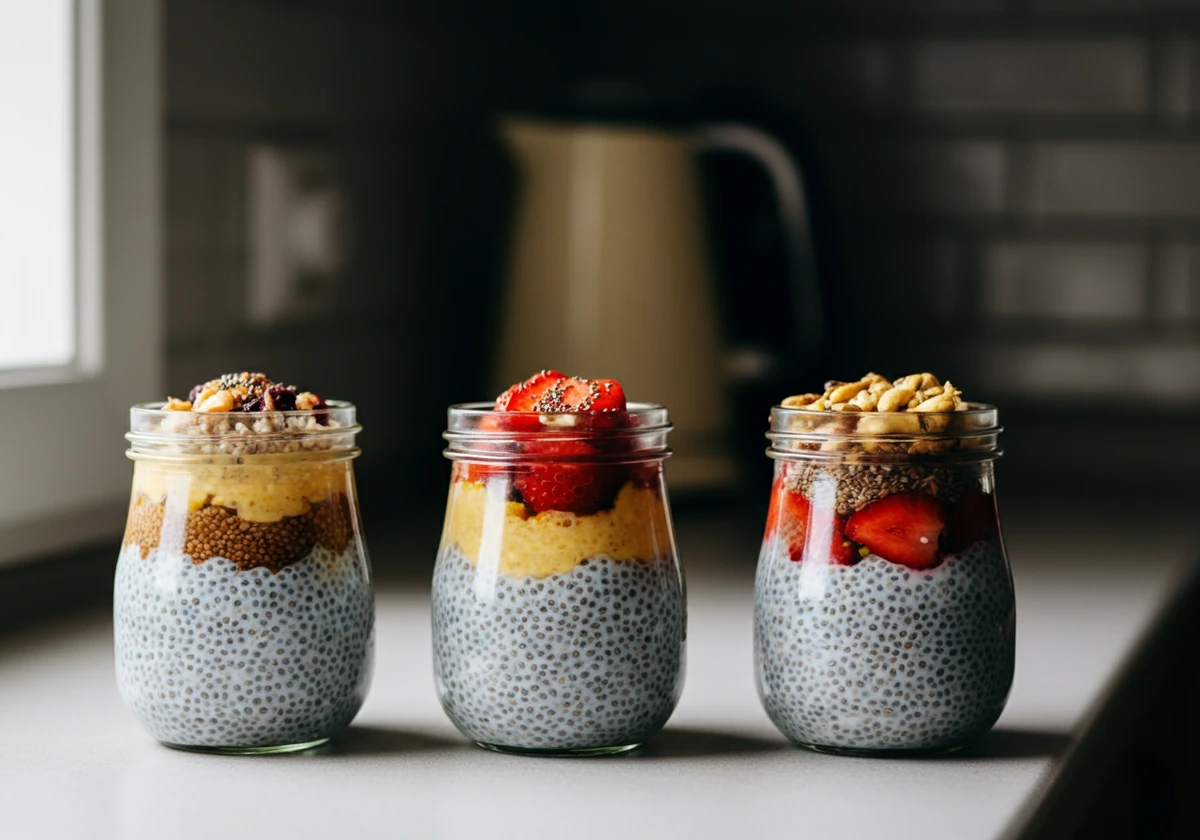 Tre glass chiapudding med ulik topping klar som meal prep