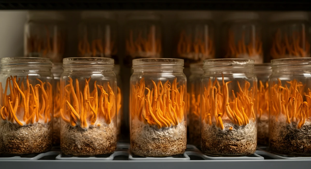 Cordyceps militaris dyrket i laboratorium med oransje fruktlegemer