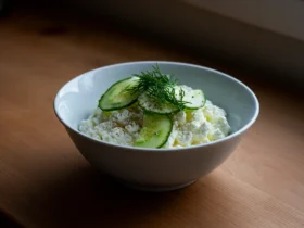 Cottage cheese servert i bolle med agurk og dill