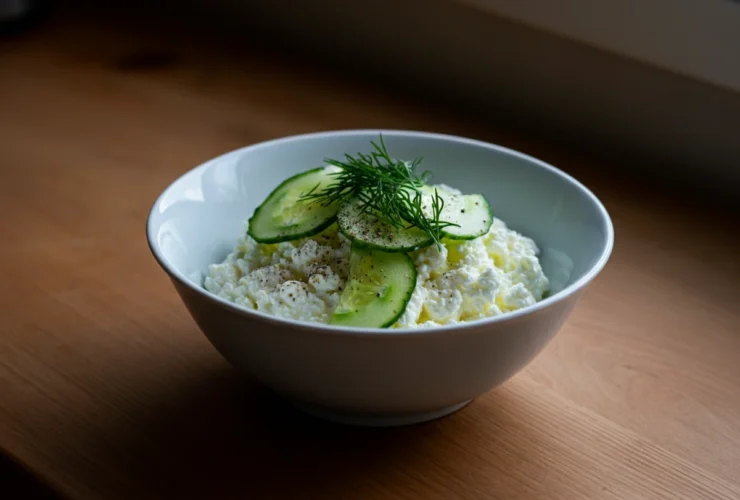 Cottage cheese servert i bolle med agurk og dill