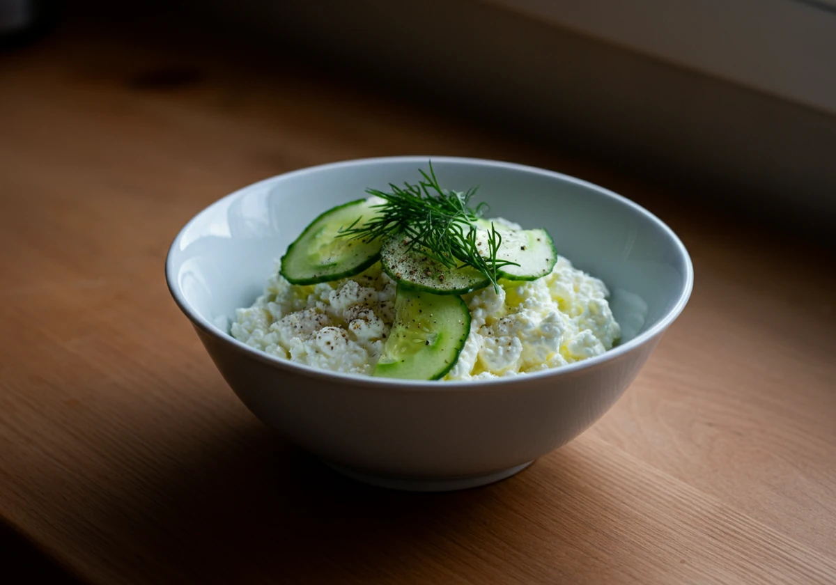 Cottage cheese servert i bolle med agurk og dill
