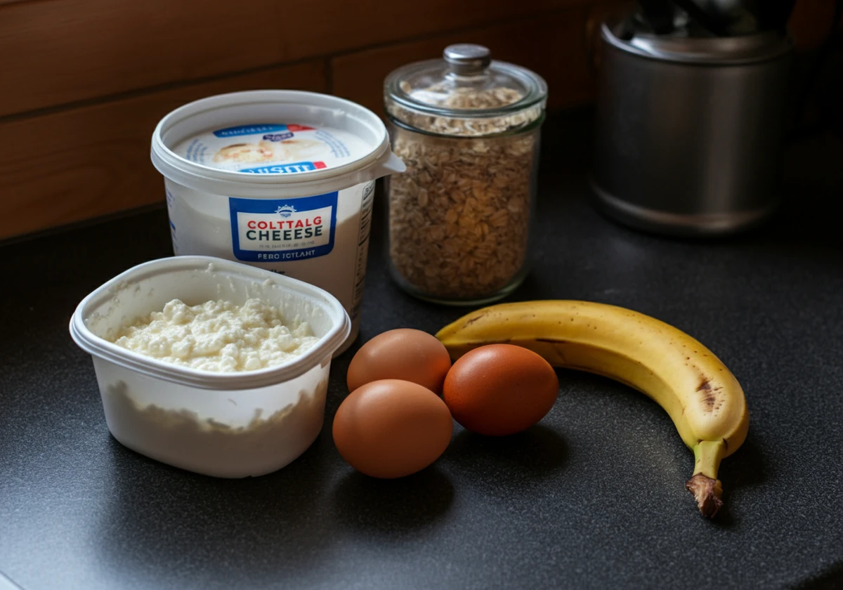 Cottage cheese ved siden av egg, havre og banan