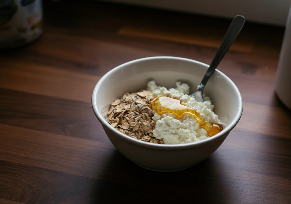 Cottage cheese blandes med havregryn og honning