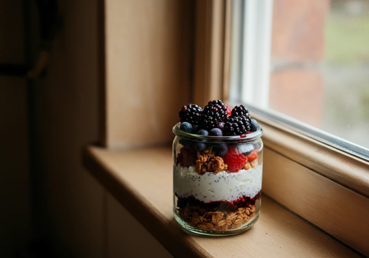 Lagdelt cottage cheese med bær og granola i glass