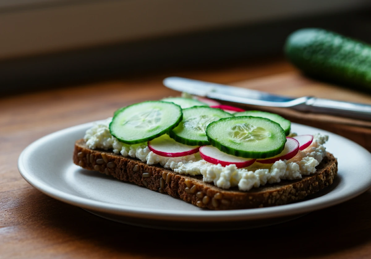 Cottage cheese på grovbrød med agurk og reddik