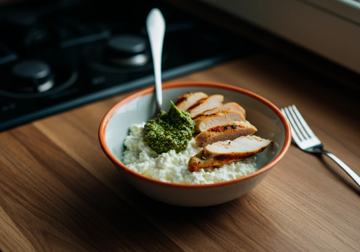 Cottage cheese med pesto og kyllingstrimler