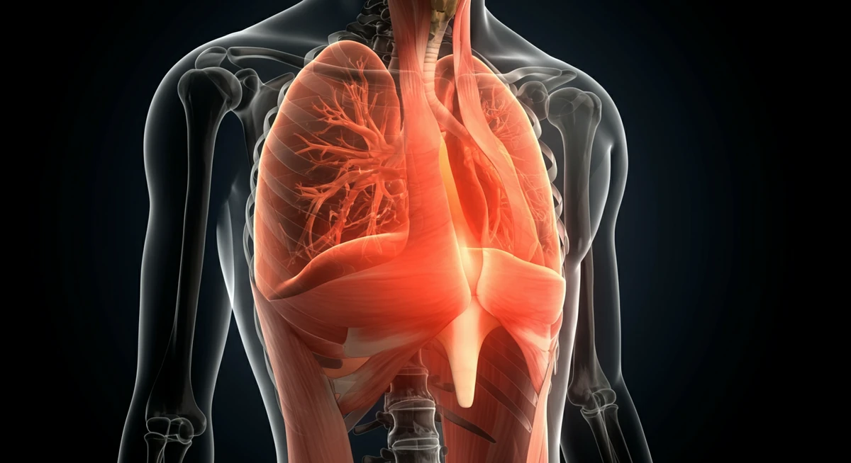 Anatomisk illustrasjon av diafragma og lungeutvidelse ved innpust