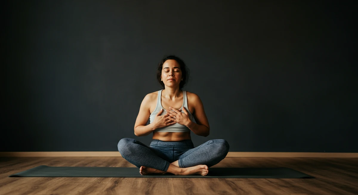 Yoga-utøver trener diafragma-pust på matte