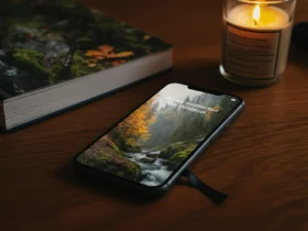 Telefon med skjermen ned på trebord med naturbok og stearinlys