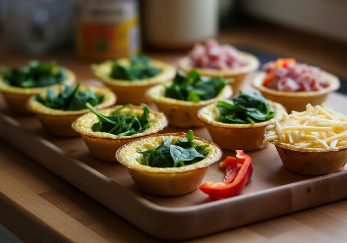 Råvarer til egg muffins: egg, spinat, skinke og ost