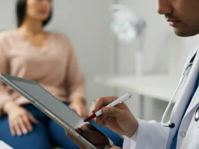 Endokrinolog gjennomgår ferritin-resultater med pasient