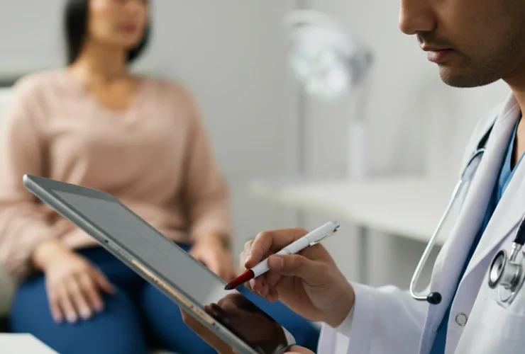 Endokrinolog gjennomgår ferritin-resultater med pasient