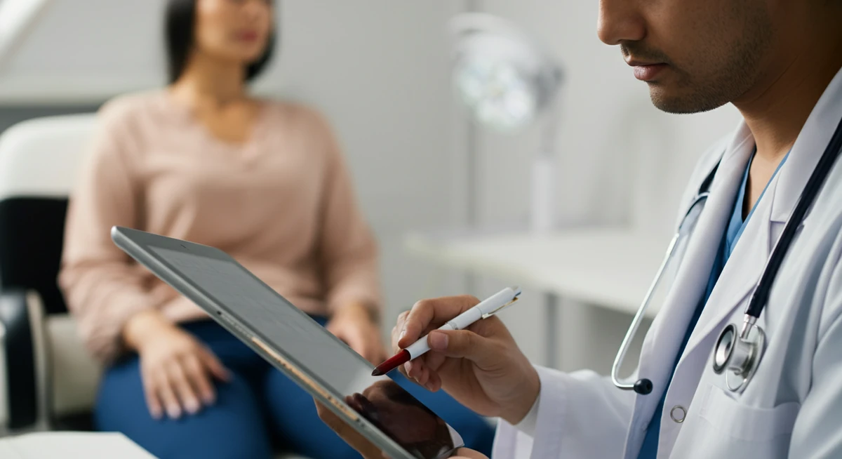 Endokrinolog gjennomgår ferritin-resultater med pasient