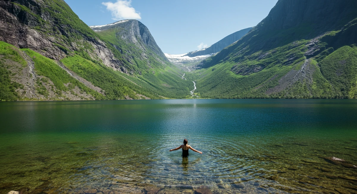 Fjellsjø-bad i norske alper — sommer-kuldeeksponering ved 11 °C