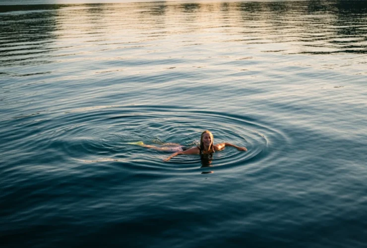 Norsk kvinne svømmer i krystallklart fjordvann på sommerkveld med gyllent lys