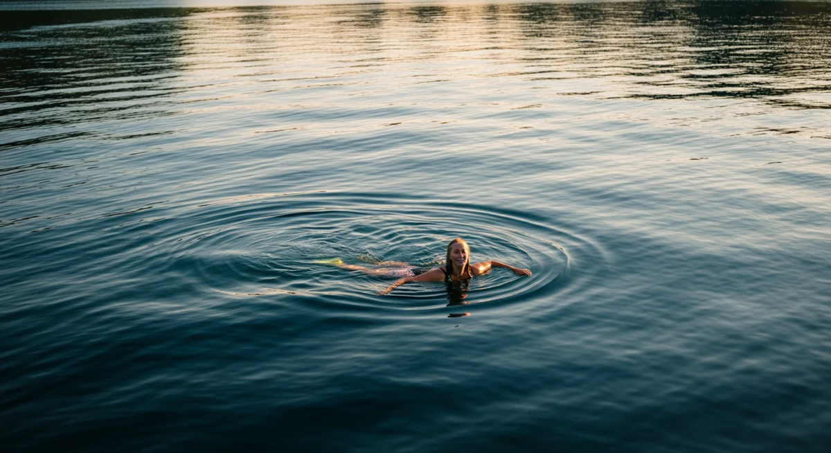 Norsk kvinne svømmer i krystallklart fjordvann på sommerkveld med gyllent lys